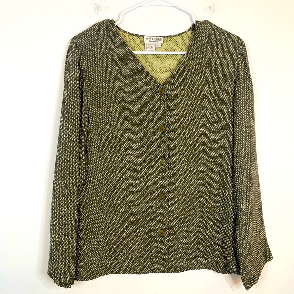 DUE PER DUE Light & Dark Olive Green Dash Patterned  Button Down Blouse